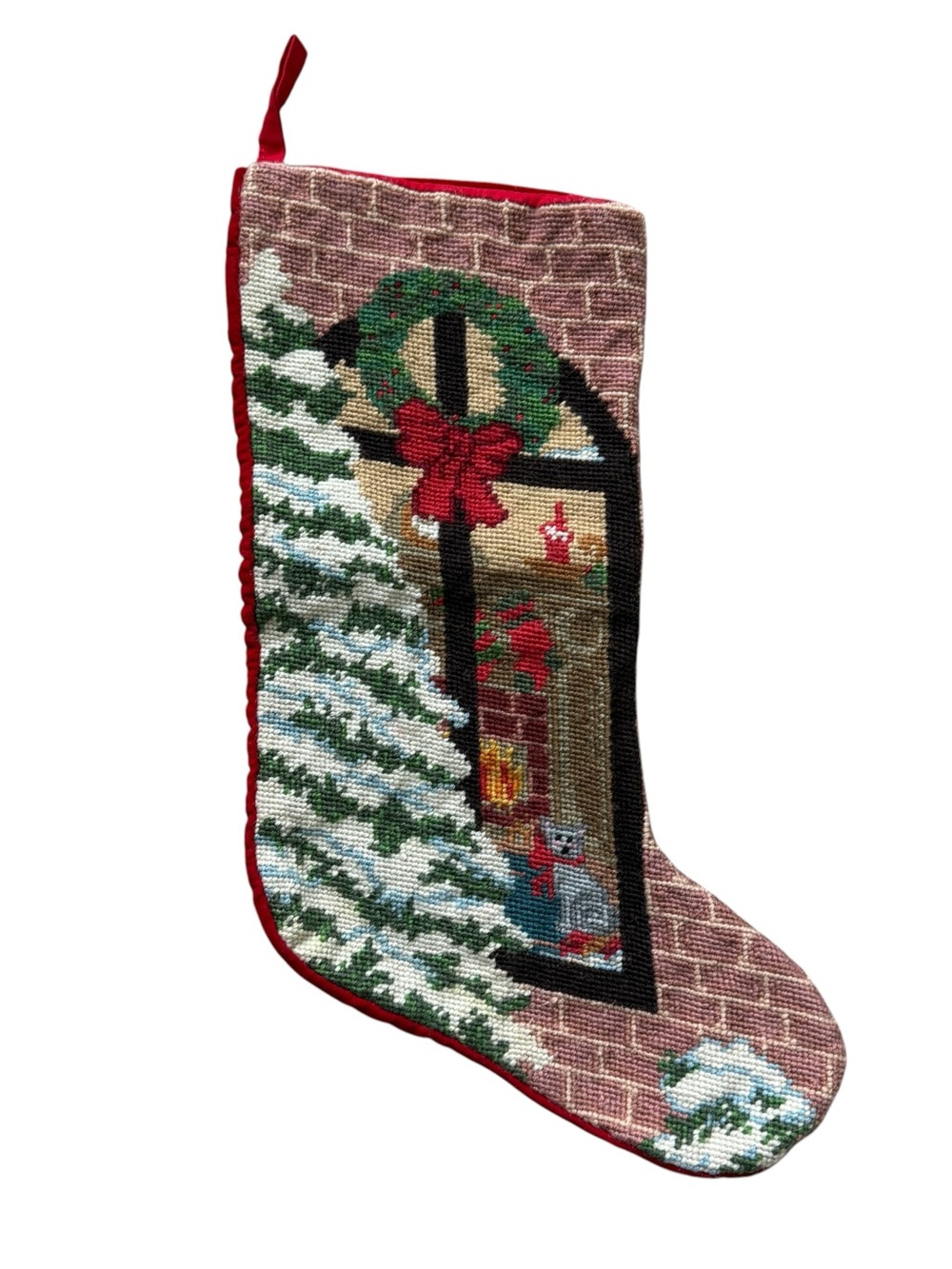 Vintage 90s Wool Needlepoint Christmas Stocking Door Wreath Snowy House 16in Red